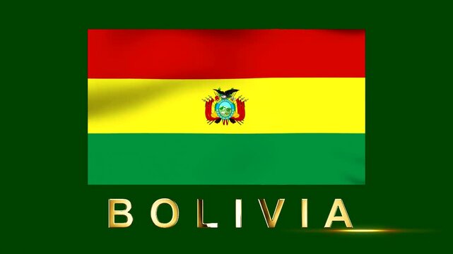 Waving flag of Bolivia with a dark green background and metallic gold text lettering