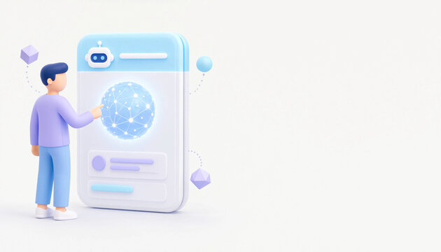 3D character interacting with AI chatbot interface and glowing global network sphere on smartphone screen
