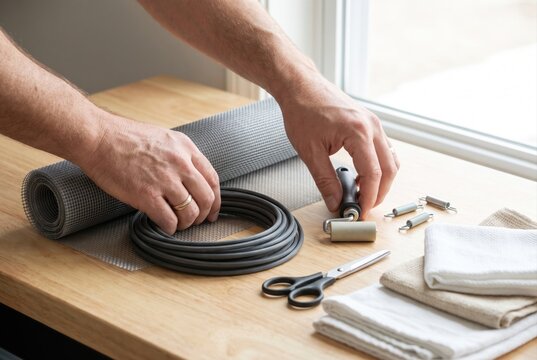 Hands unrolling fiberglass screen mesh near rubber spline and a rolling tool