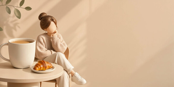 3D character woman sitting thoughtfully at table with giant coffee cup and fresh croissant