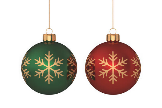 Two festive christmas ornaments red and green with snowflake designs hanging