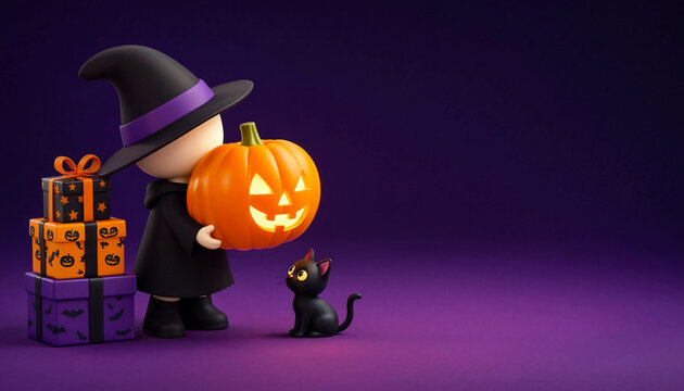 3D cute witch character holding glowing jack o lantern pumpkin next to black cat and gift stack