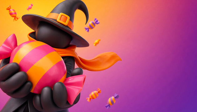 3D illustration of a cute black figure dressed as a witch with a hat and scarf, holding a huge pink and orange candy, with smaller wrapped sweets floating around on a gradient background