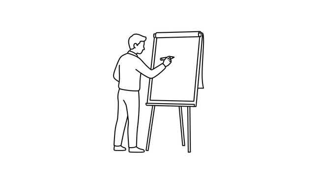 Minimalist Line Art Drawing of a Businessman Writing on a Flipchart Board during a Presentation