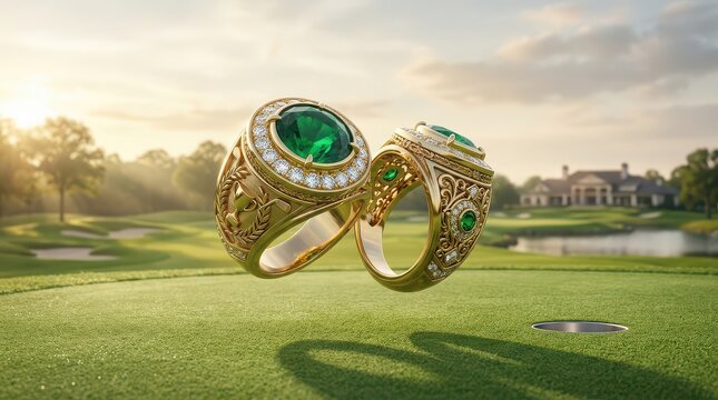 Two Gold Emerald Rings Floating Above a Golf Course Green jewelry gemstone