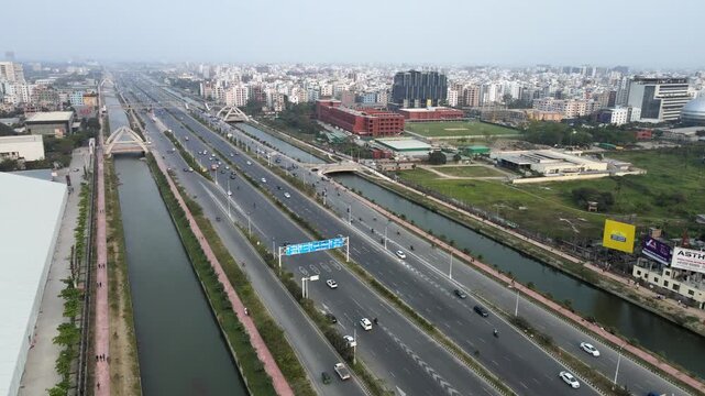 Aerial View of Modern Highway Traffic Through Dhaka Megacity Bangladesh
