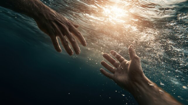 Jesus reaching out to save Peter beneath the waters in a moment of faith and rescue.