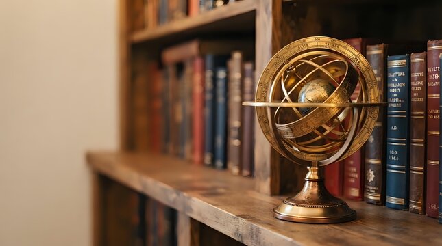 Brass armillary sphere on wooden shelf with blurred books