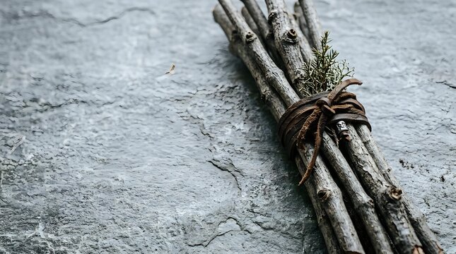 Dried twigs bundled together with natural rope on weathered concrete