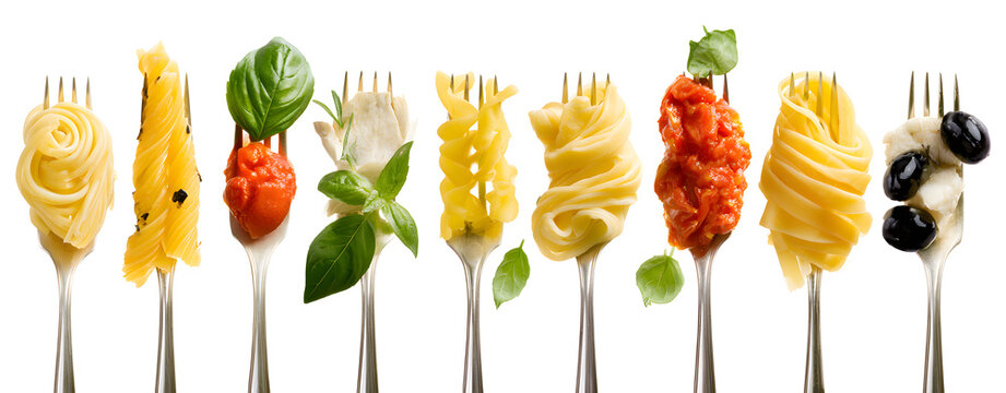 A collage of Italian dishes. Design elements featuring pasta, multiple forks alongside strands of pasta and various toppings, photographed from above against a solid white background