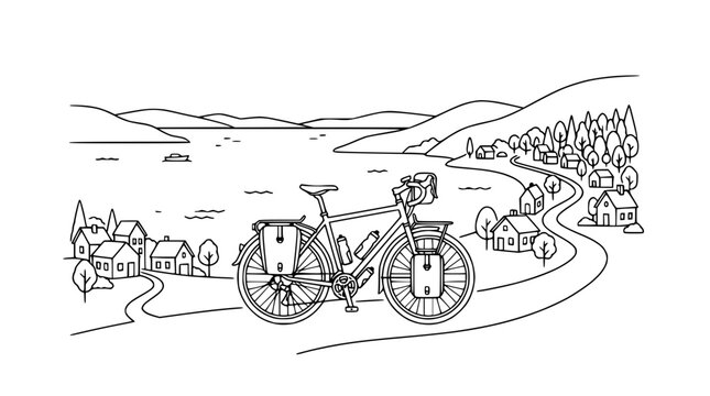 Touring bicycle with bags parked on a scenic road overlooking a mountain lake village landscape