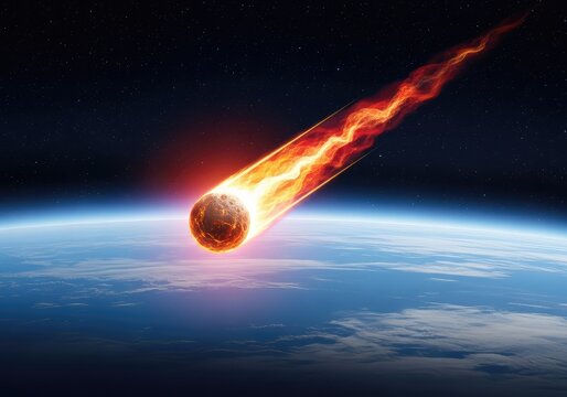 A glowing meteorite streaks through the high atmosphere of a blue planet, creating a fiery trail of heat and energy against the dark void, futuristic, light, asteroid