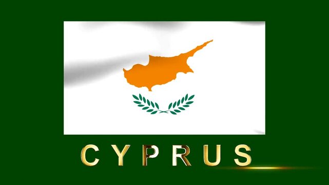 Waving flag of Cyprus with golden lettering on a dark green background