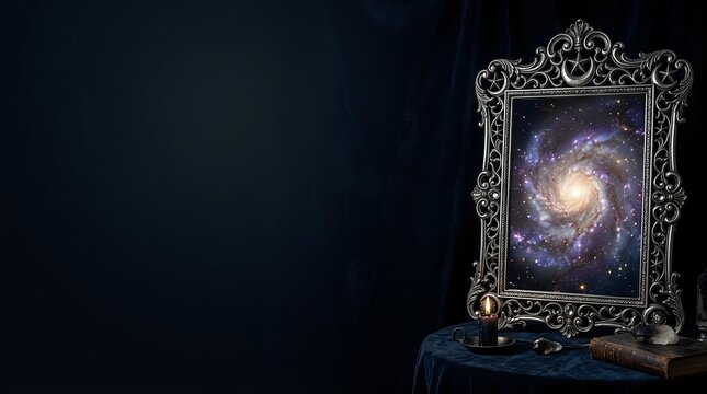 Ornate vintage frame displaying spiral galaxy with antique books