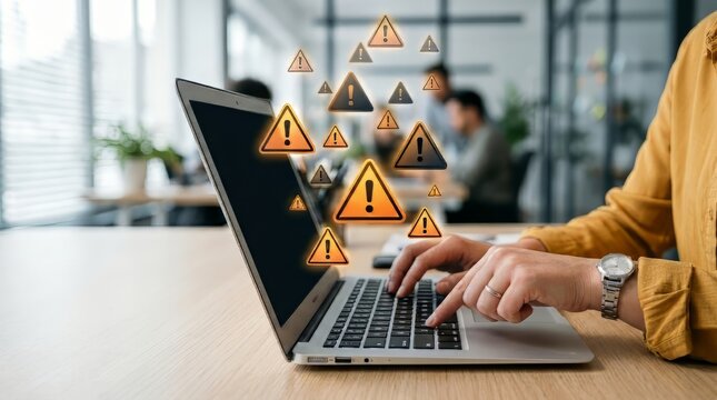 User typing on laptop surrounded by warning triangle icons representing cybersecurity risk alert system threat and error control