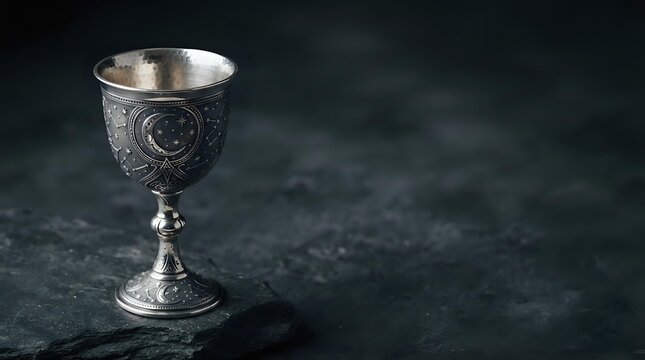Ornate silver goblet with decorative celestial motifs on dark