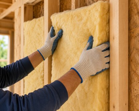A construction worker wearing protective gloves installs yellow fiberglass insulation into a stud wall.