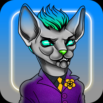 Anthropomorphic sphynx cat with glowing eyes and turquoise hair is digitally illustrated feline digital
