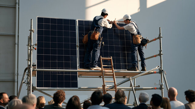 Solar panel installers on scaffolding in a minimalist studio testing facility adjust a roof-mounted array prototype, a crowd of community finance stakeholders observing below as
