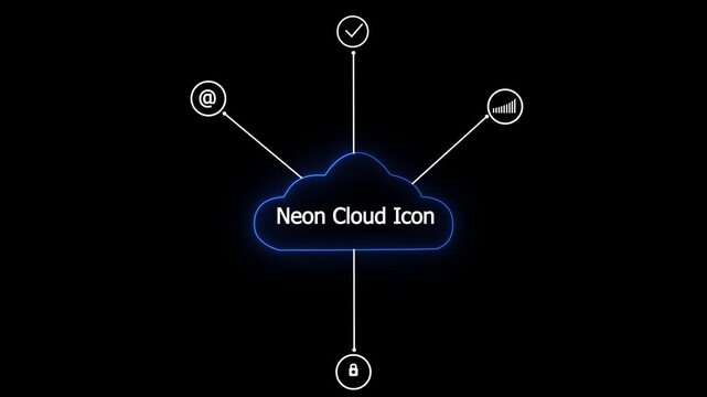 Neon blue cloud icon with network connectivity nodes and security symbols on black background