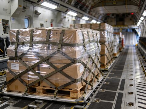 Cargo pallets filled with cardboard boxes securely strapped down inside a military transport plane.
