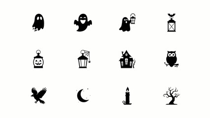 Fototapeta premium Elegant minimalist halloween icon set with displays refined collection twelve black white icons depicting classic Halloween themes eerie silhouettes against neutral background