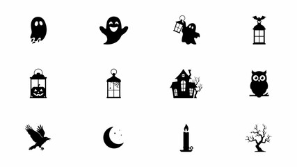 Fototapeta premium Black and white halloween symbols flat illustration set with ghosts owls lanterns with bare tree against neutral background illustration collection