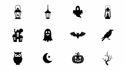 Fototapeta premium Halloween themed silhouette icons set with displays twelve minimalist black silhouettes iconic Halloween symbols arranged clean grid layout against neutral background