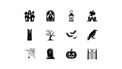 Fototapeta premium Elegant halloween themed silhouette icons set with organized grid against neutral background showcases refined collection seasonal themes with collection twelve black