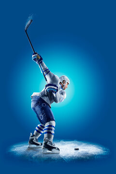 Hockey. Professional hockey player isolated on blue background. Hockey player in action. Hockey concept. Sport