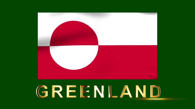 Waving flag of Greenland with golden 3D text on a solid dark green background