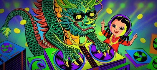 Chinese dragon DJ and young girl celebrating at a live music event
