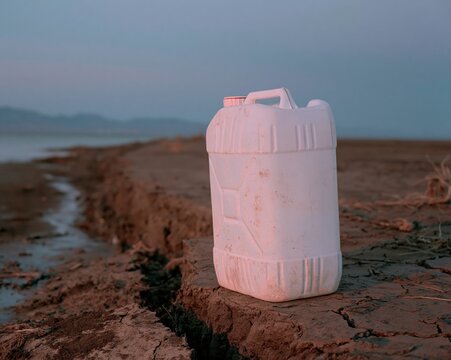 Empty white plastic jerrycan on parched cracked earth during a drought, weathered water container resting on arid ground for climate change and resource scarcity themes