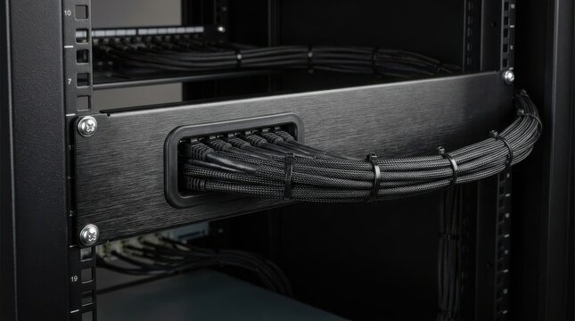 Black server rack with organized cable management and patch panel
