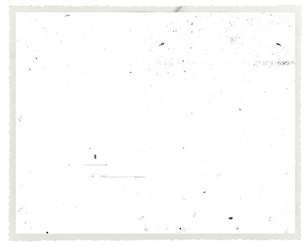 Retro photo paper frame with scalloped edge overlay with dusts and scratches isolated on transparent background. Scanned material for vintage photo frames and templates.