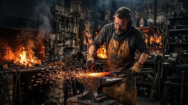 Blacksmith hammering glowing hot metal on an anvil in a dark workshop
