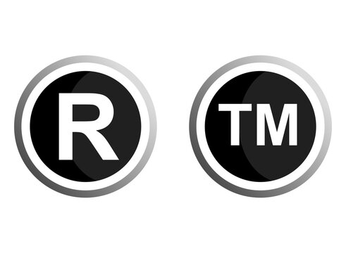 Registered trademark and trademark symbol icons, modern metallic circle logos on black background, intellectual property brand sign vector illustration