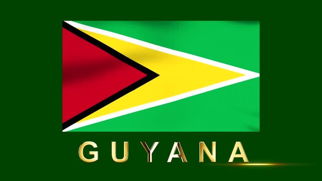 Waving flag of Guyana featuring the national emblem with golden text isolated on a solid green background