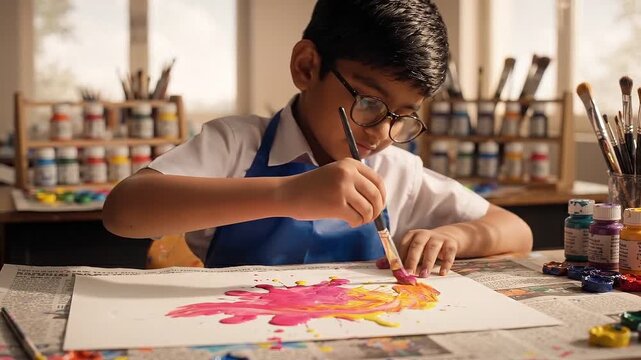 Child develops painting skills by adding pink and yellow color to paper with brush. Sunlit studio shelves hold jars and brushes nearby, framing creative learning through patient hands on art practice.