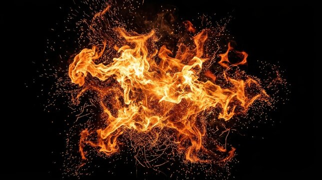 Intense fire explosion with glowing orange flames and flying sparks