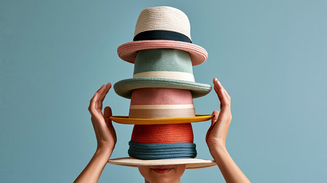 Close-up of a person's hands balancing a stack of colorful hats overhead, multiple roles and identities metaphor, playful concept, with copy space