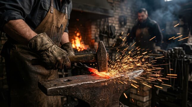 Blacksmith hammering glowing hot metal on an anvil with flying sparks