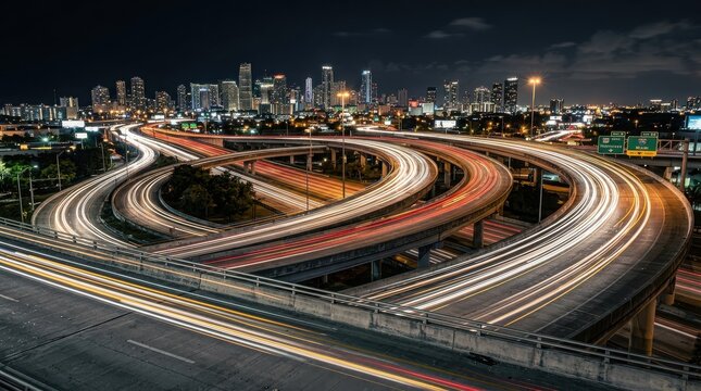 Illuminated highway interchange with city skyline at night, long
