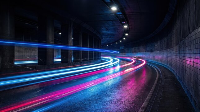 Long exposure light trails in a curved dark concrete road tunnel