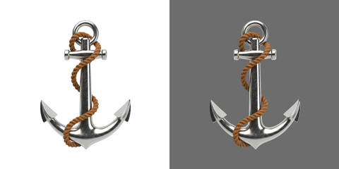 Shiny metal ship anchor with brown rope 3D graphic transparent png © Habib