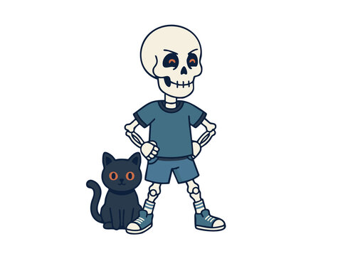 Skeleton standing with black cat
