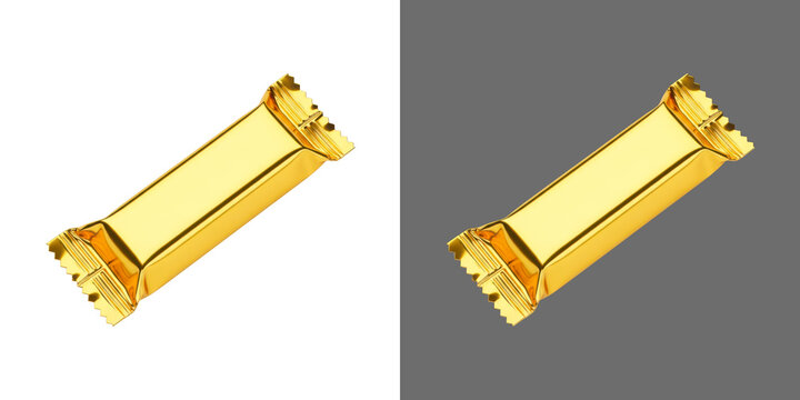 Shiny gold metallic candy bar wrapper for food packaging design transparent png