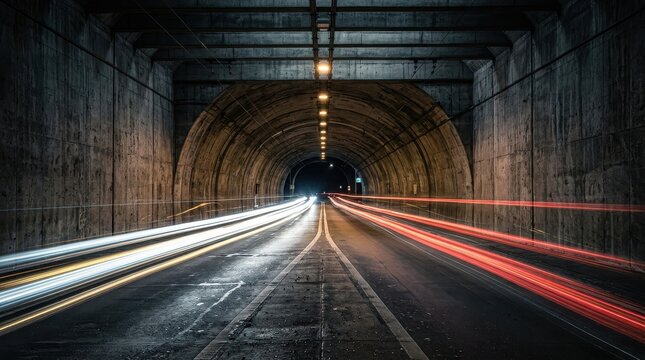 Long exposure light trails inside a dark concrete roadway tunnel