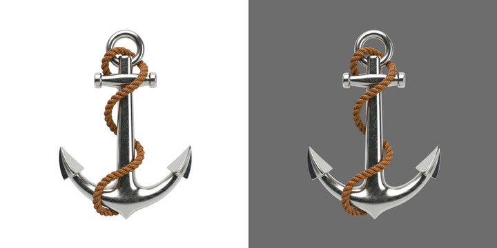 Shiny metal ship anchor with brown rope 3D graphic transparent png