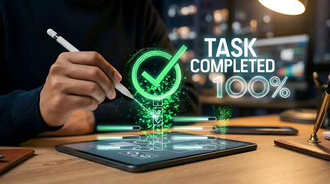Business professional marks task completed 100 percent on digital checklist with glowing success icon Generative AI